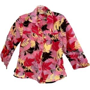 Willow Bay Womens size 6-8 Small Button Down Floral Leaves Blouse 3/4 Sleeves